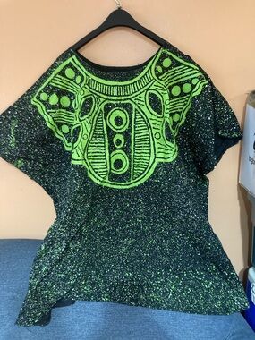 Black Blouse with Neon Green Graphic Yoke